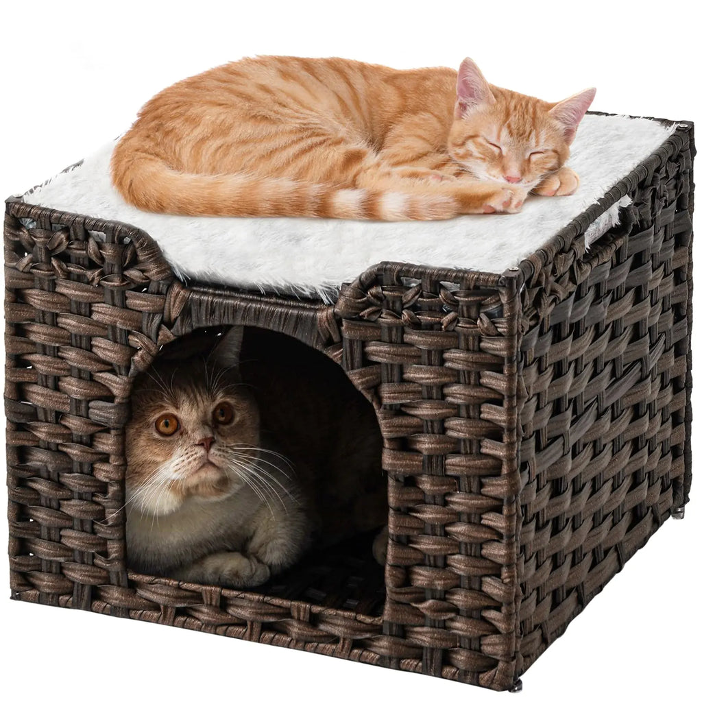 SETVSON Cat Beds for Indoor Cats Cat Cave Kitten Bed Cat Bed Cave Cat Hideaway Handwoven Rattan Cat Houses Cat Cave Bed Large Cat Cube Covered Cat Bed Cat Hut Cat Home in Living Room Bedroom Brown