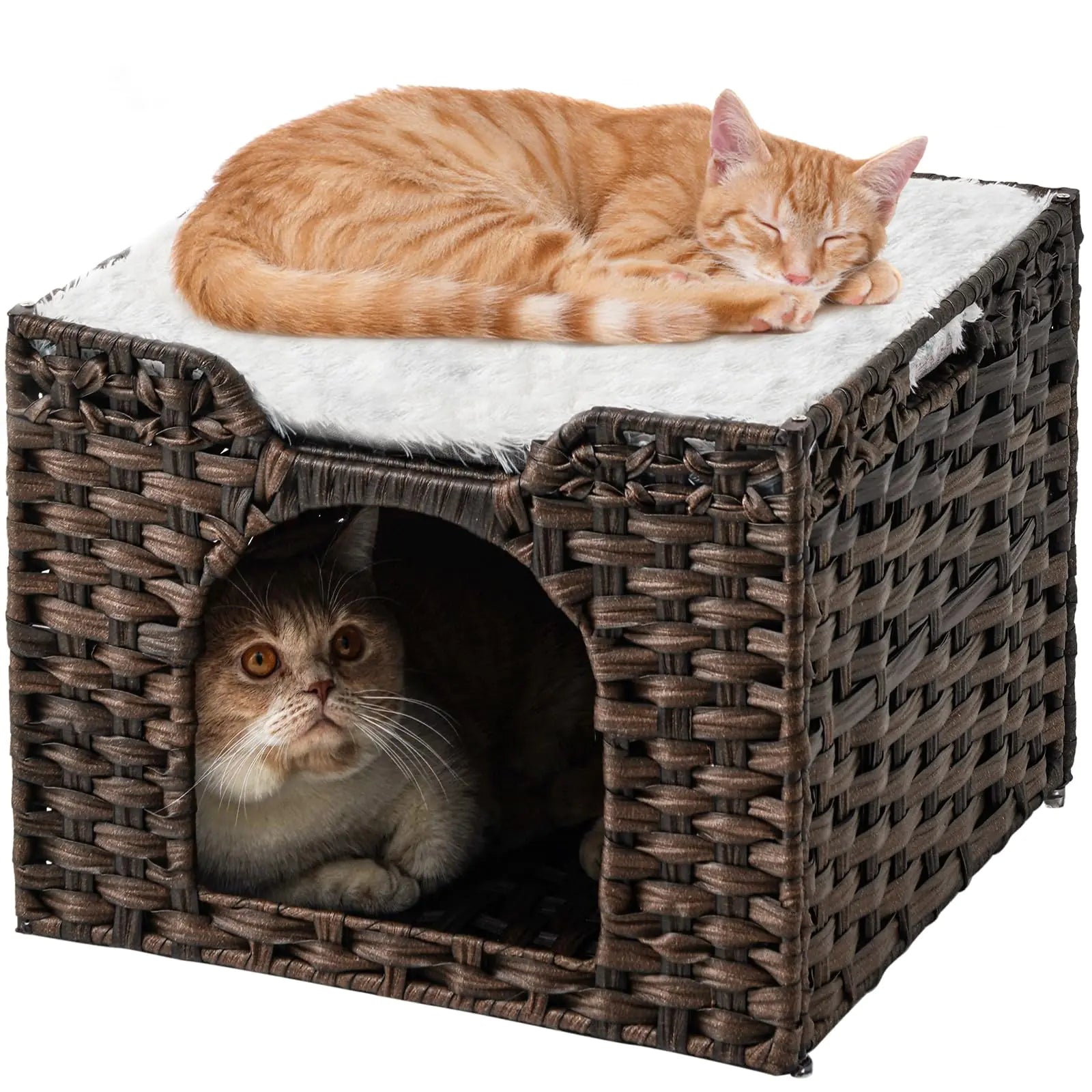 SETVSON Cat Beds for Indoor Cats Cat Cave Kitten Bed Cat Bed Cave Cat Hideaway Handwoven Rattan Cat Houses Cat Cave Bed Large Cat Cube Covered Cat Bed Cat Hut Cat Home in Living Room Bedroom Brown